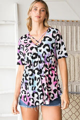 Heimish Full Size Crisscross Neck Animal Print Babydoll Top Plus Size OutfitFlow