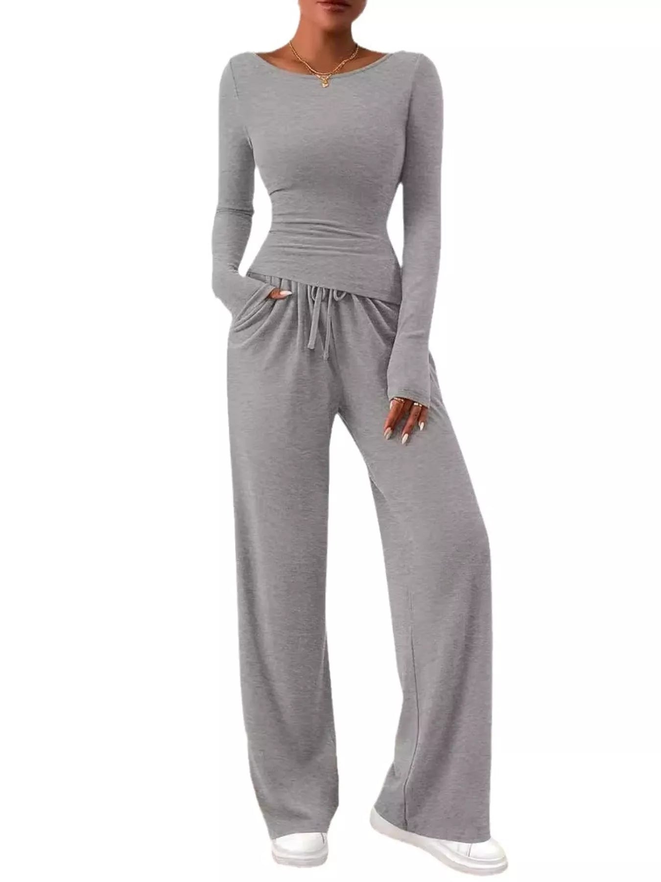 Long Sleeve Top and Wide Leg Pants Set OutfitFlow