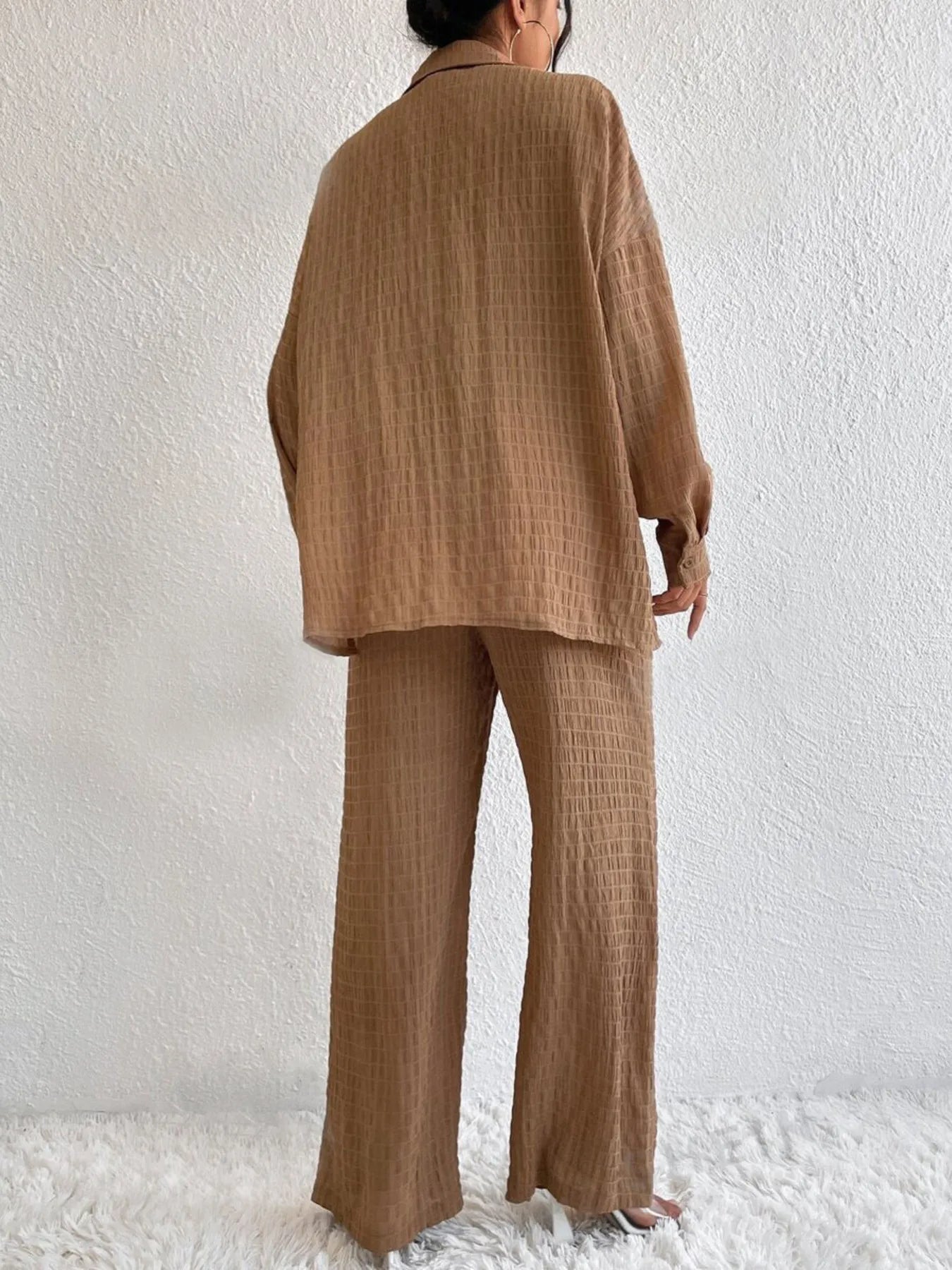 Button Up Long Sleeve Shirt and Pants Set OutfitFlow