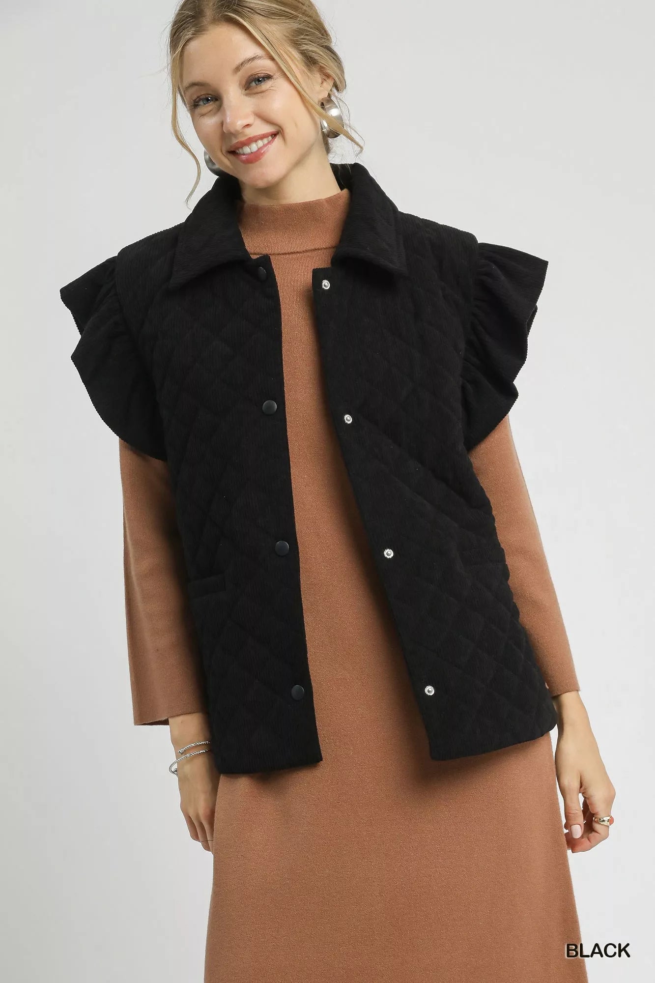 Umgee Corduroy Quilted Ruffle Sleeve Vest Black OutfitFlow