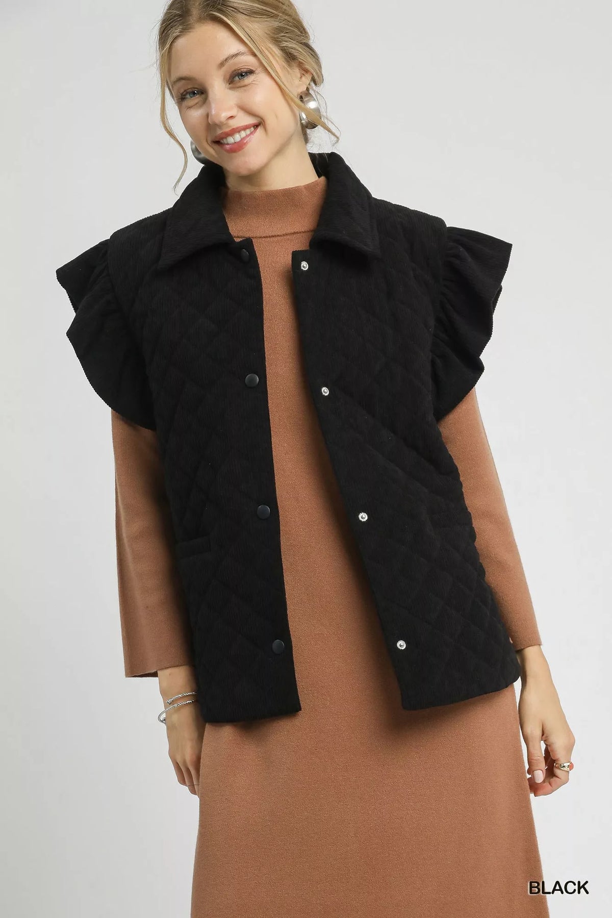 Umgee Corduroy Quilted Ruffle Sleeve Vest Black OutfitFlow