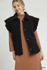 Umgee Corduroy Quilted Ruffle Sleeve Vest Black OutfitFlow