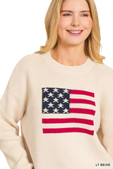 Zenana American Flag Crew Neck Sweater OutfitFlow