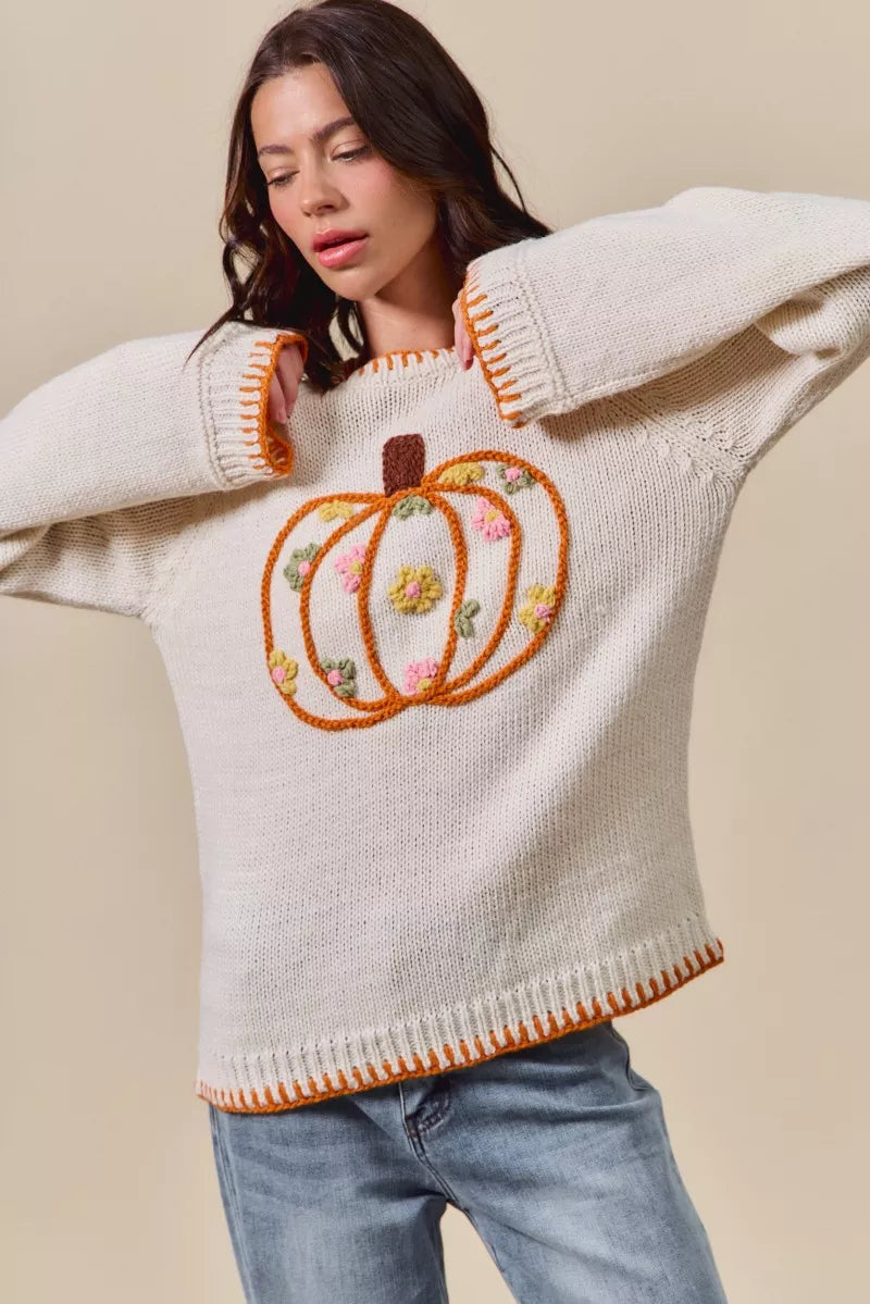 SO ME Pumpkin Floral Embroidered Thanksgiving Sweater OutfitFlow