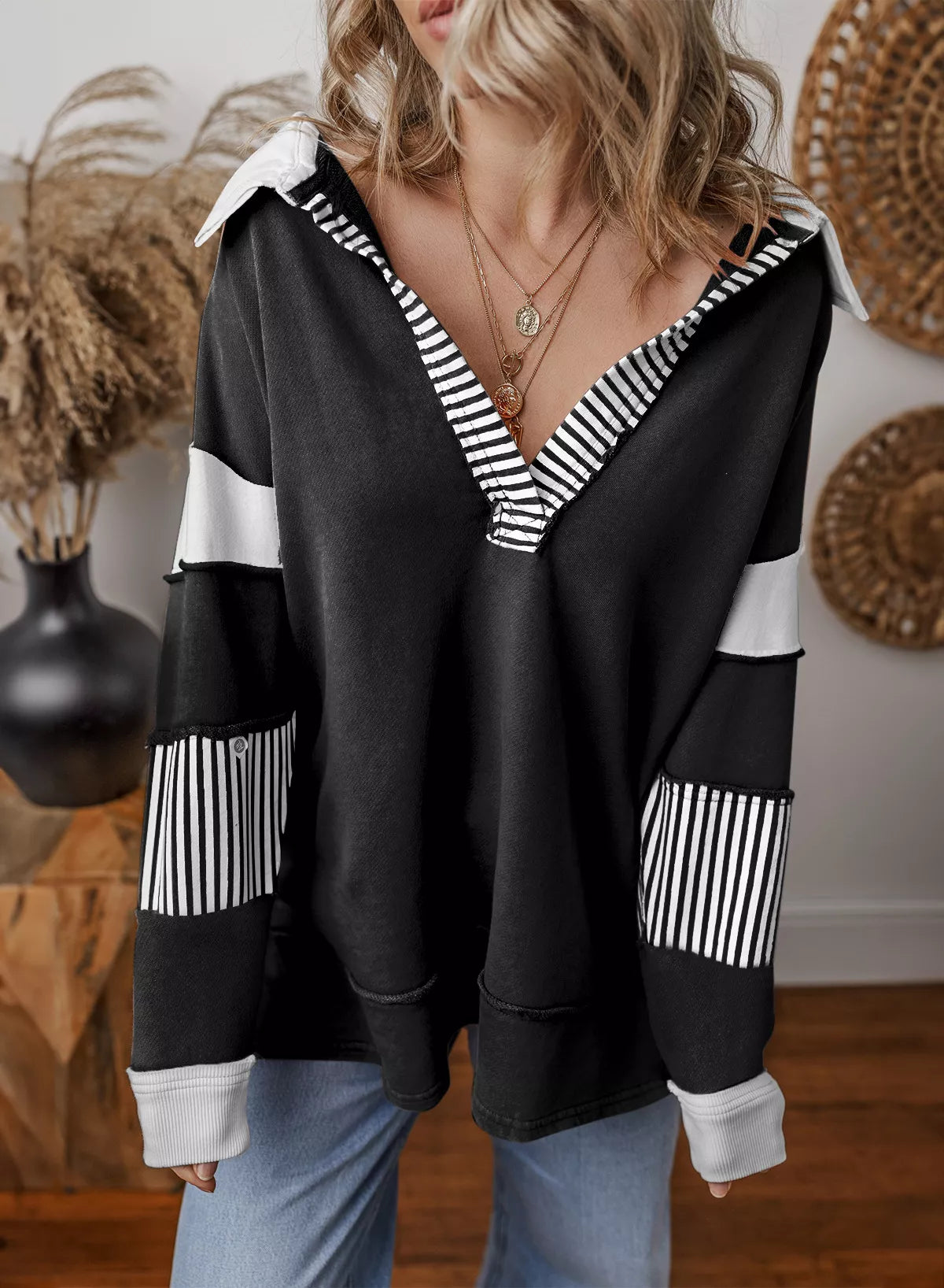 Striped Color Block Long Sleeve Sweatshirt OutfitFlow