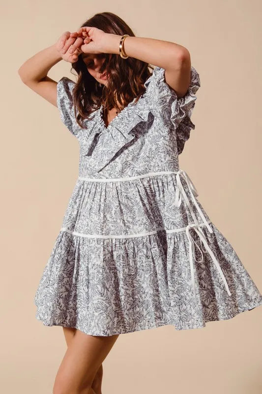 SO ME Cotton Printed Ruffle V Neckline Dress with Side Tie OutfitFlow