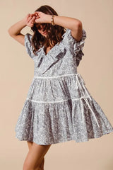 SO ME Cotton Printed Ruffle V Neckline Dress with Side Tie OutfitFlow