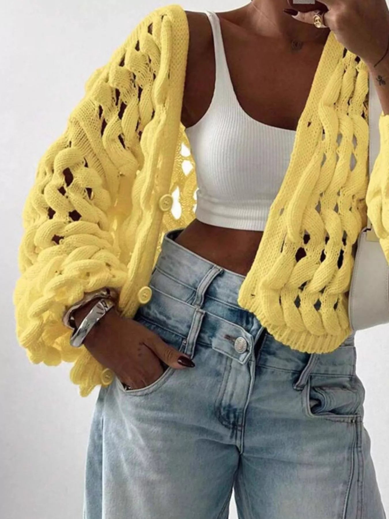 Openwork Button Up V-Neck Cardigan OutfitFlow