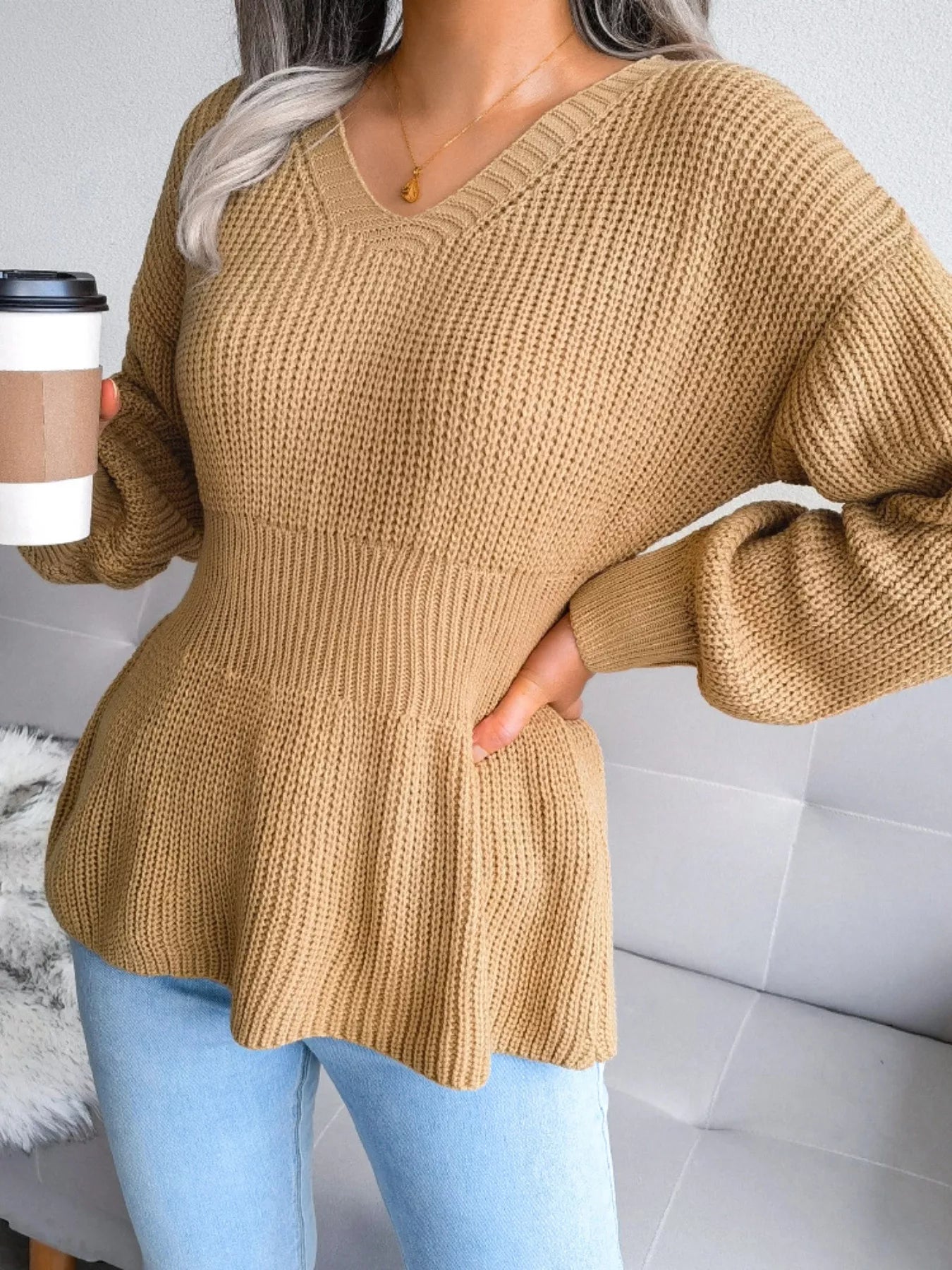 V-Neck Dropped Shoulder Sweater OutfitFlow