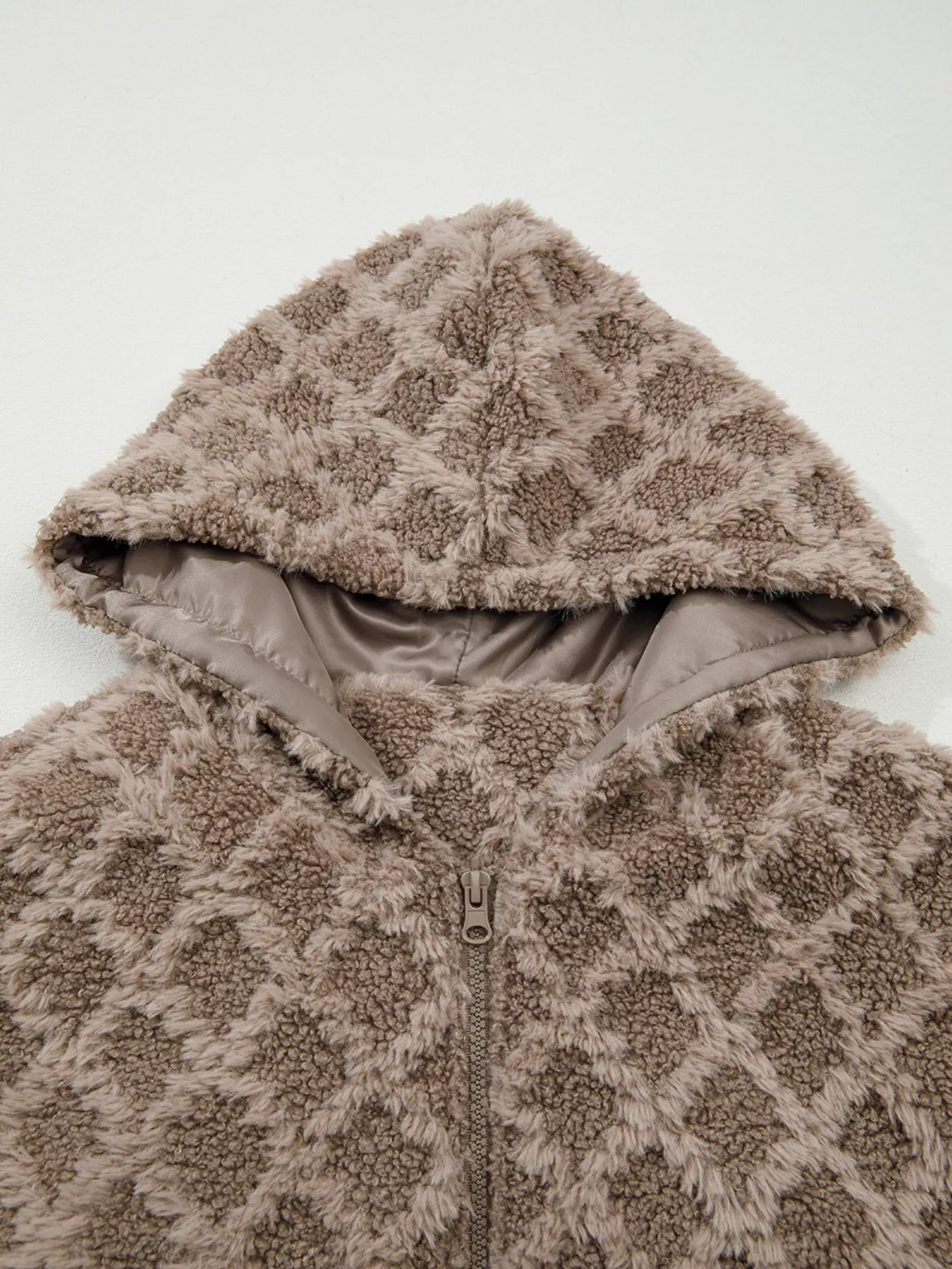 Sherpa Rhombus Zip Up Side Pocket Hooded Jacket OutfitFlow