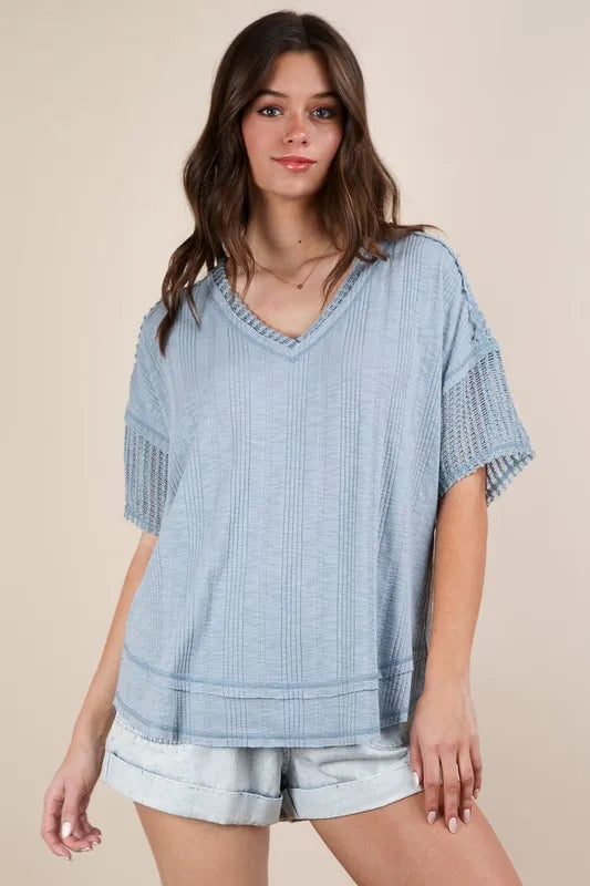 VERY J Oversized Contrast Knit Comfy Casual Top Light Blue OutfitFlow