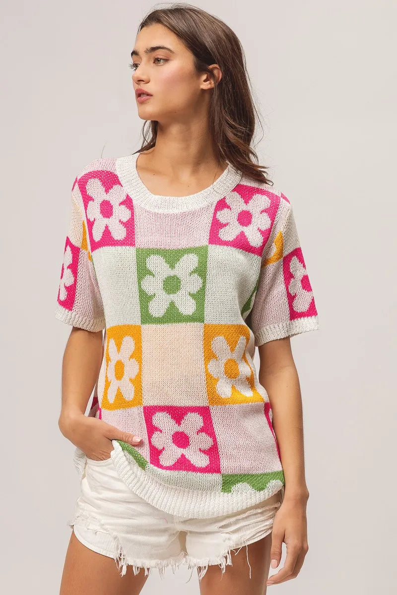 BiBi Flower Checker Pattern Lightweight Sweater Top OutfitFlow