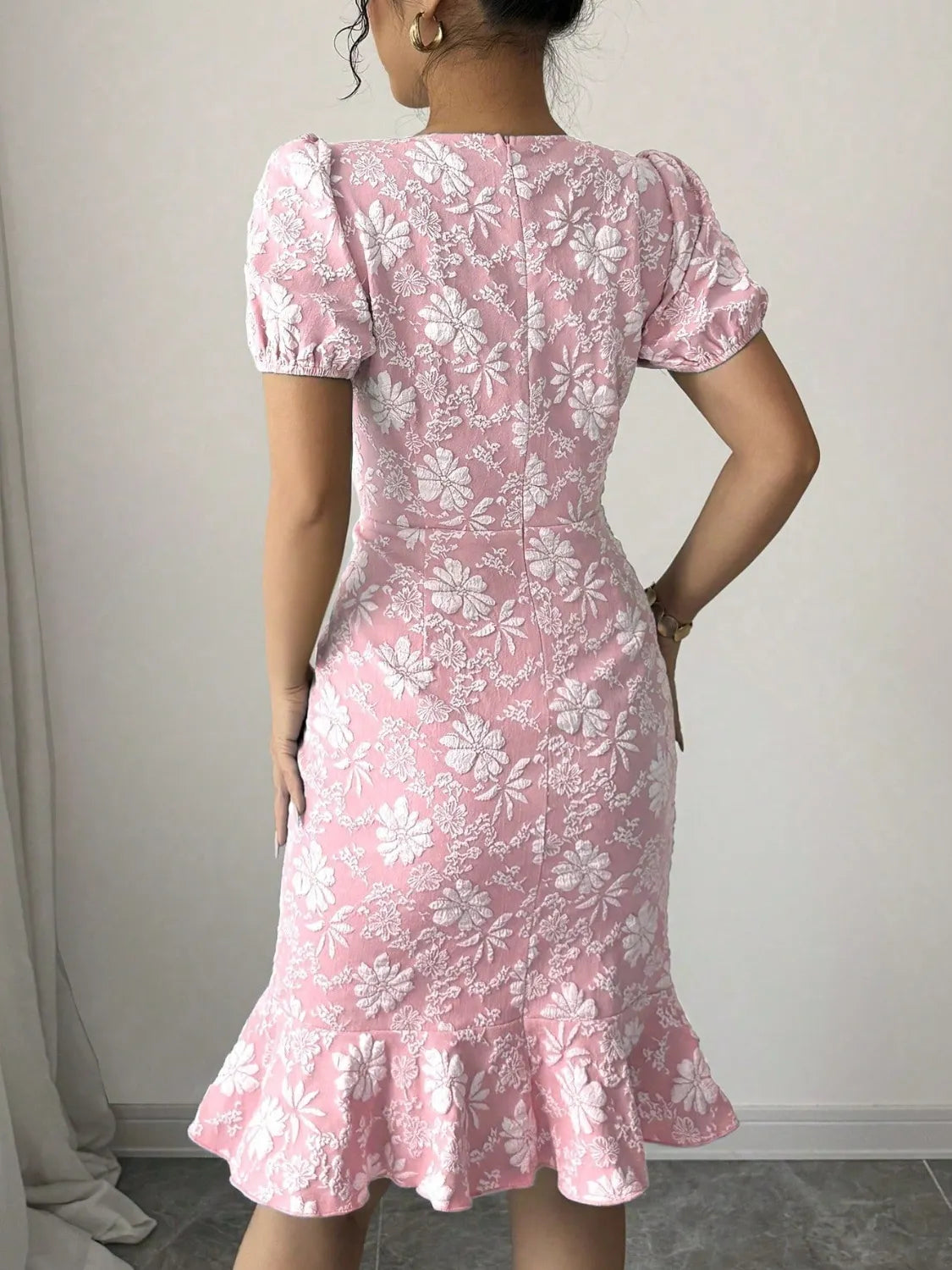Ruffled Hem Flower Round Neck Short Sleeve Dress OutfitFlow