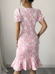 Ruffled Hem Flower Round Neck Short Sleeve Dress OutfitFlow