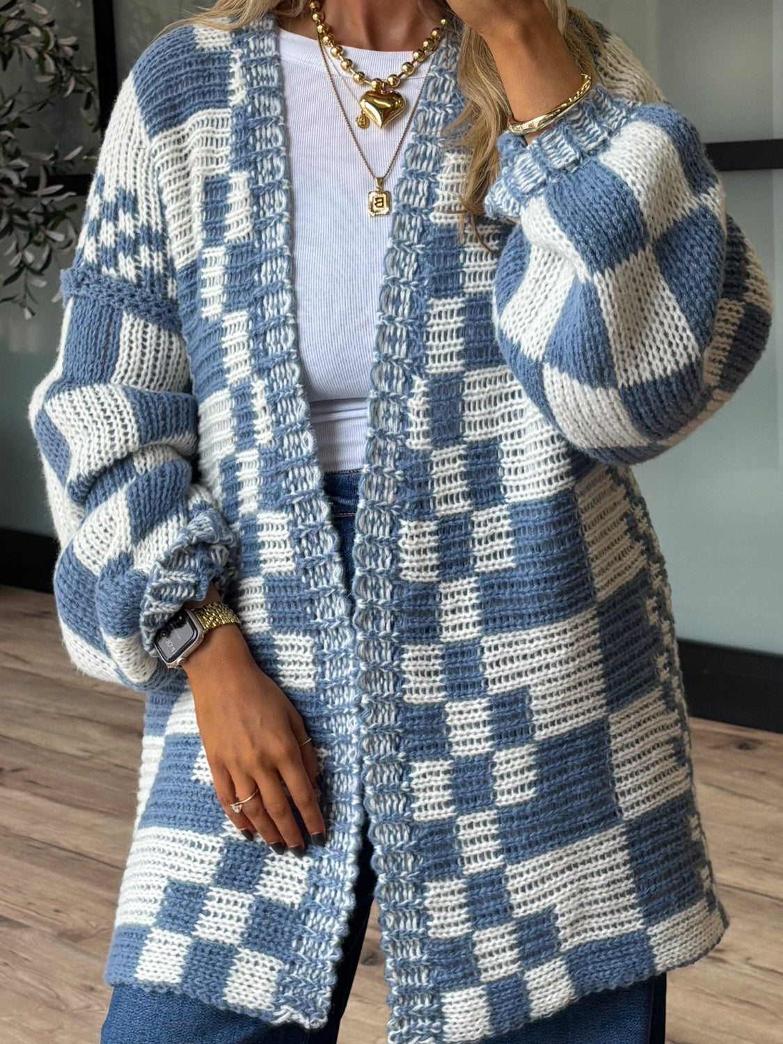 Outfit Flow - Checkered Open Front Long Sleeve Cardigan