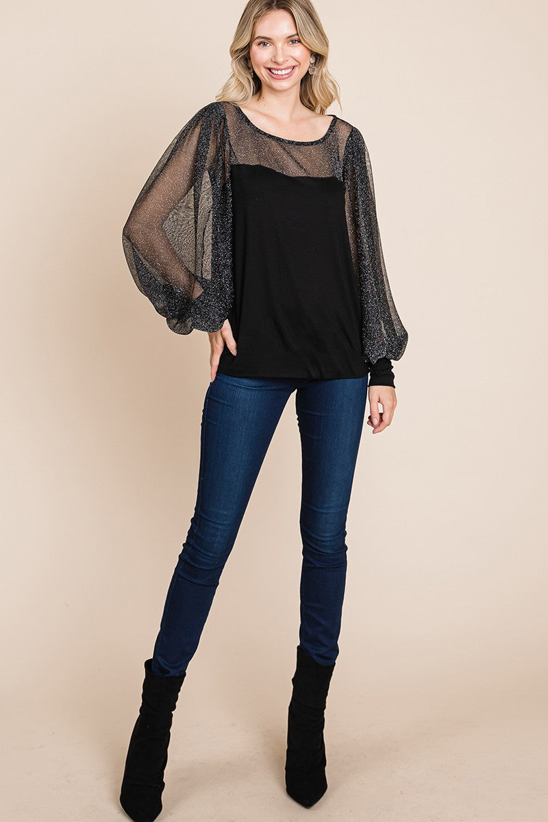 Outfit Flow - Super Lady Full Size Metallic Mesh Lantern Sleeve Blouse