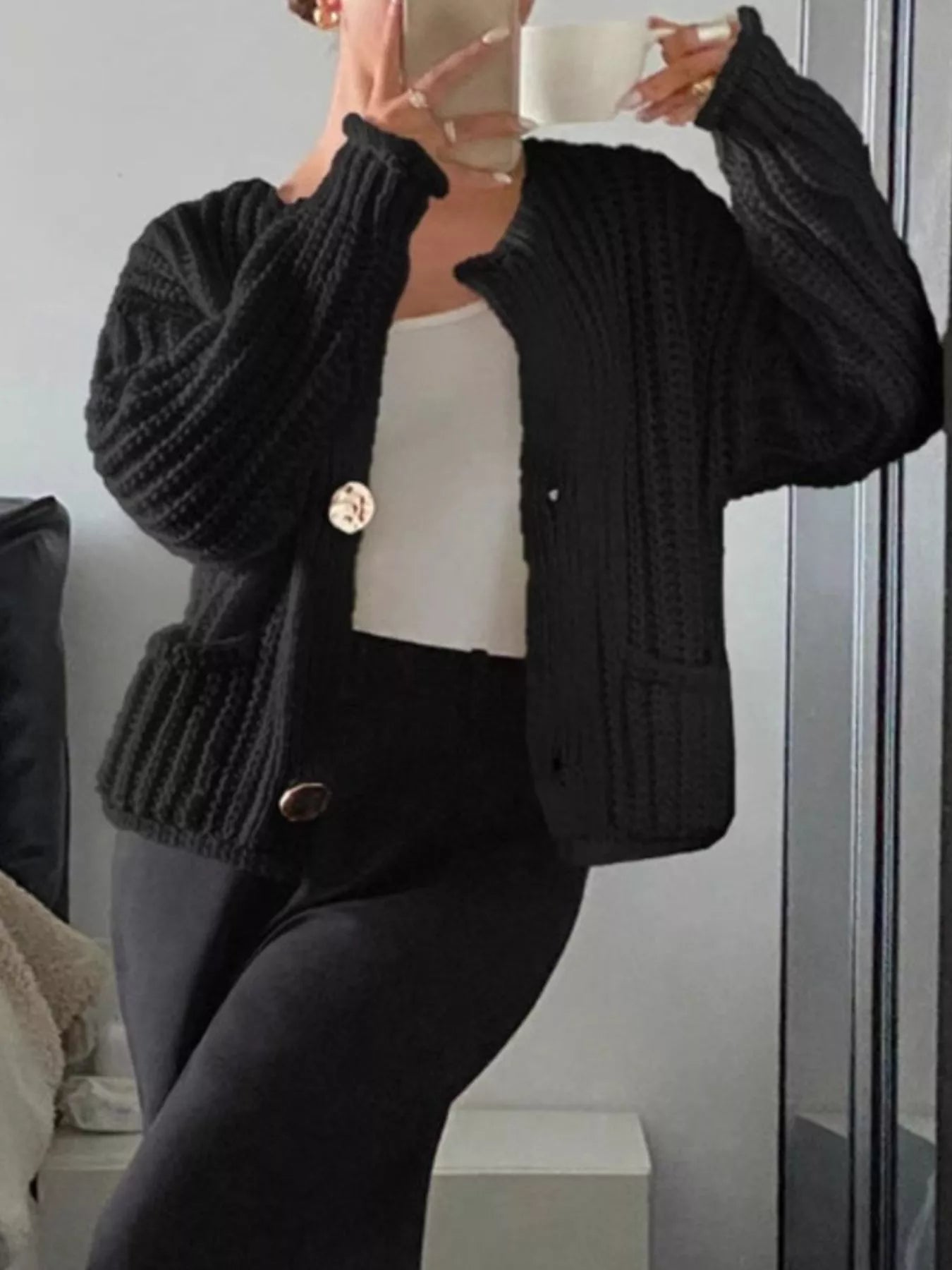Button Up Dropped Shoulder Cardigan Black OutfitFlow