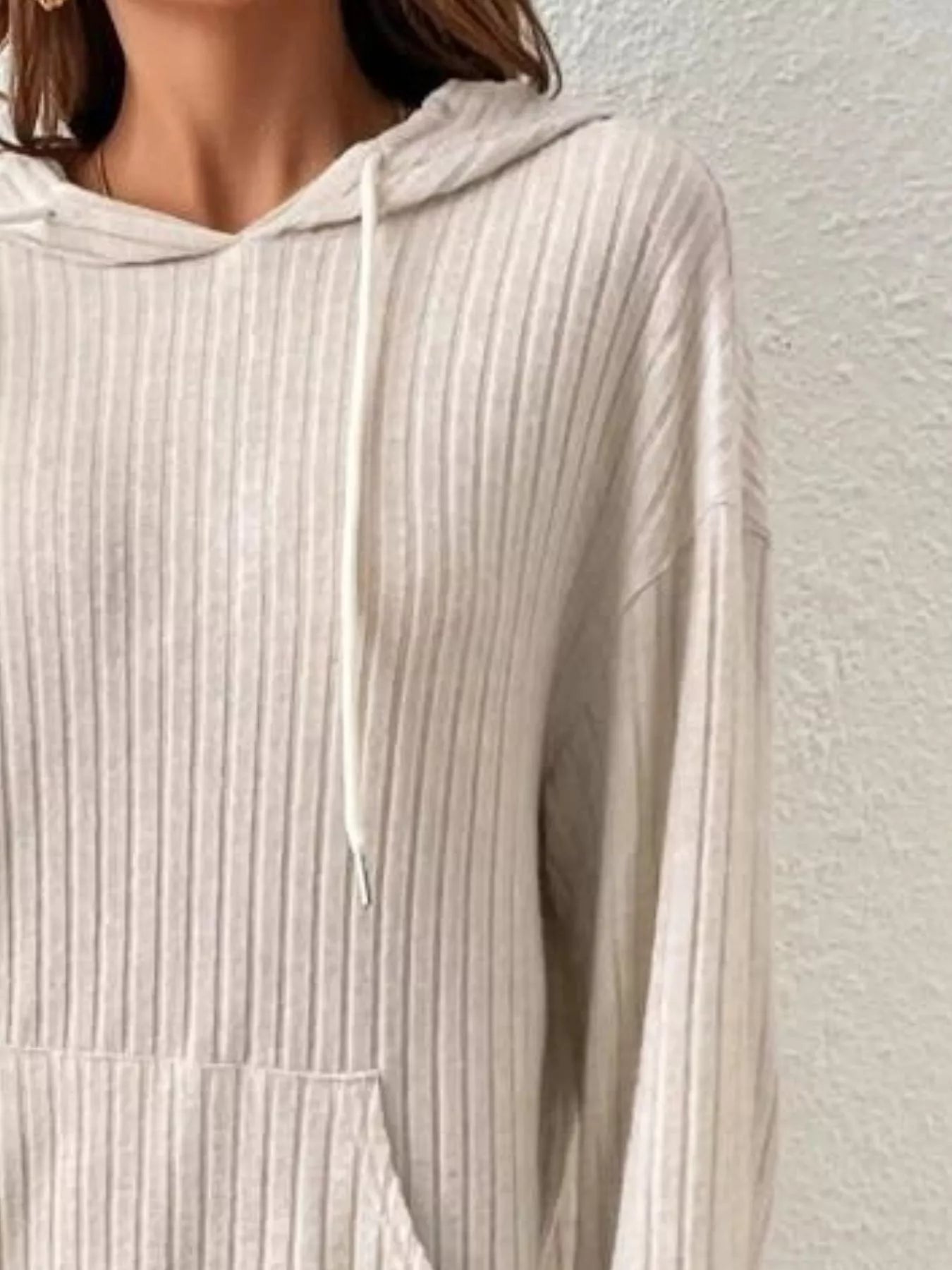 Ribbed Knit Long Sleeve Drawstring Hoodie OutfitFlow