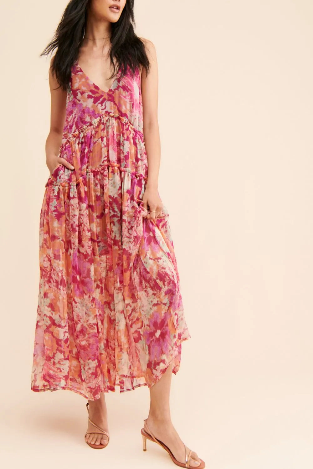 Frill Printed V-Neck Midi Dress OutfitFlow