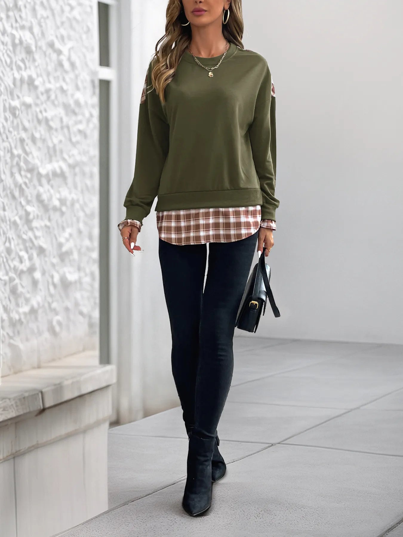 Plaid Long Sleeve Sweatshirt OutfitFlow