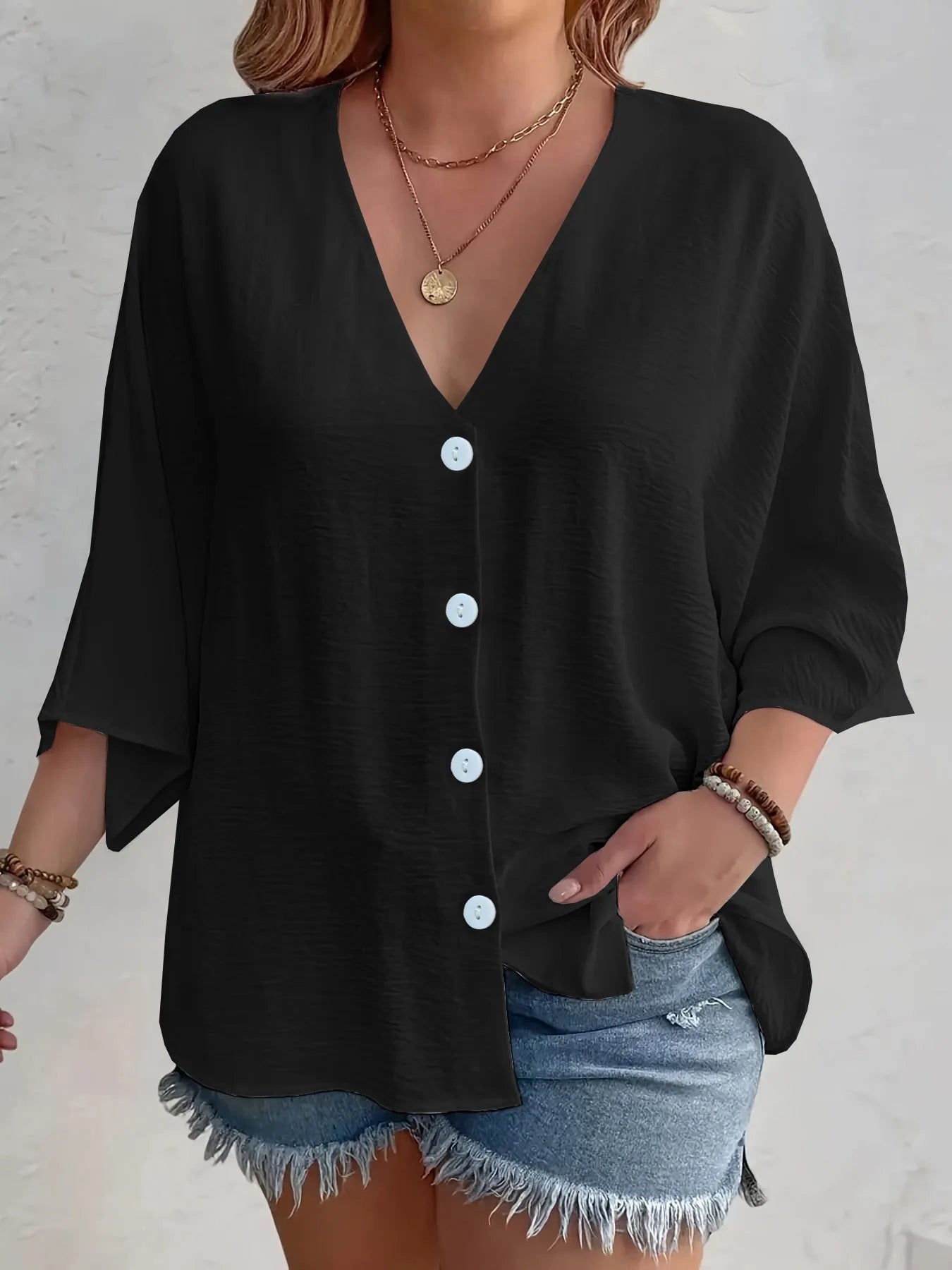 Full Size Casual V-Neck Button Down Relaxed Fit Blouse Plus Size Black OutfitFlow