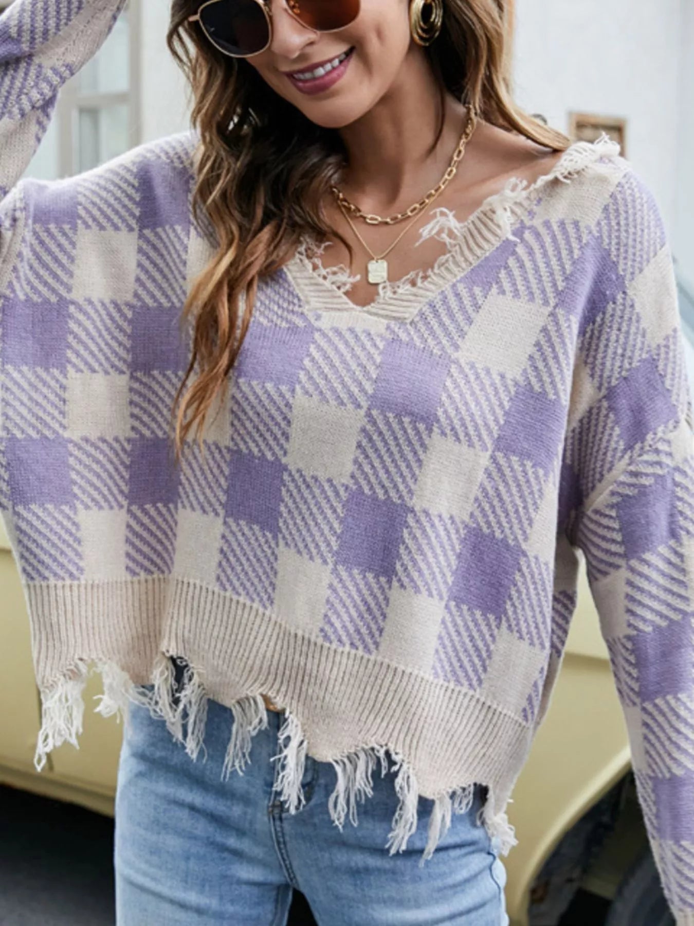 Frayed Hem Long Sleeve Sweater Purple Plaid OutfitFlow