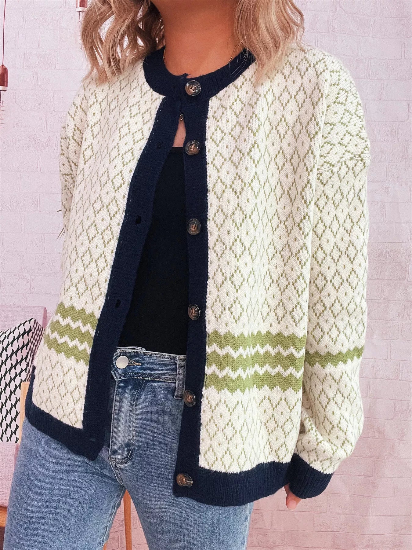 Geometric Pattern Button Up Cardigan OutfitFlow