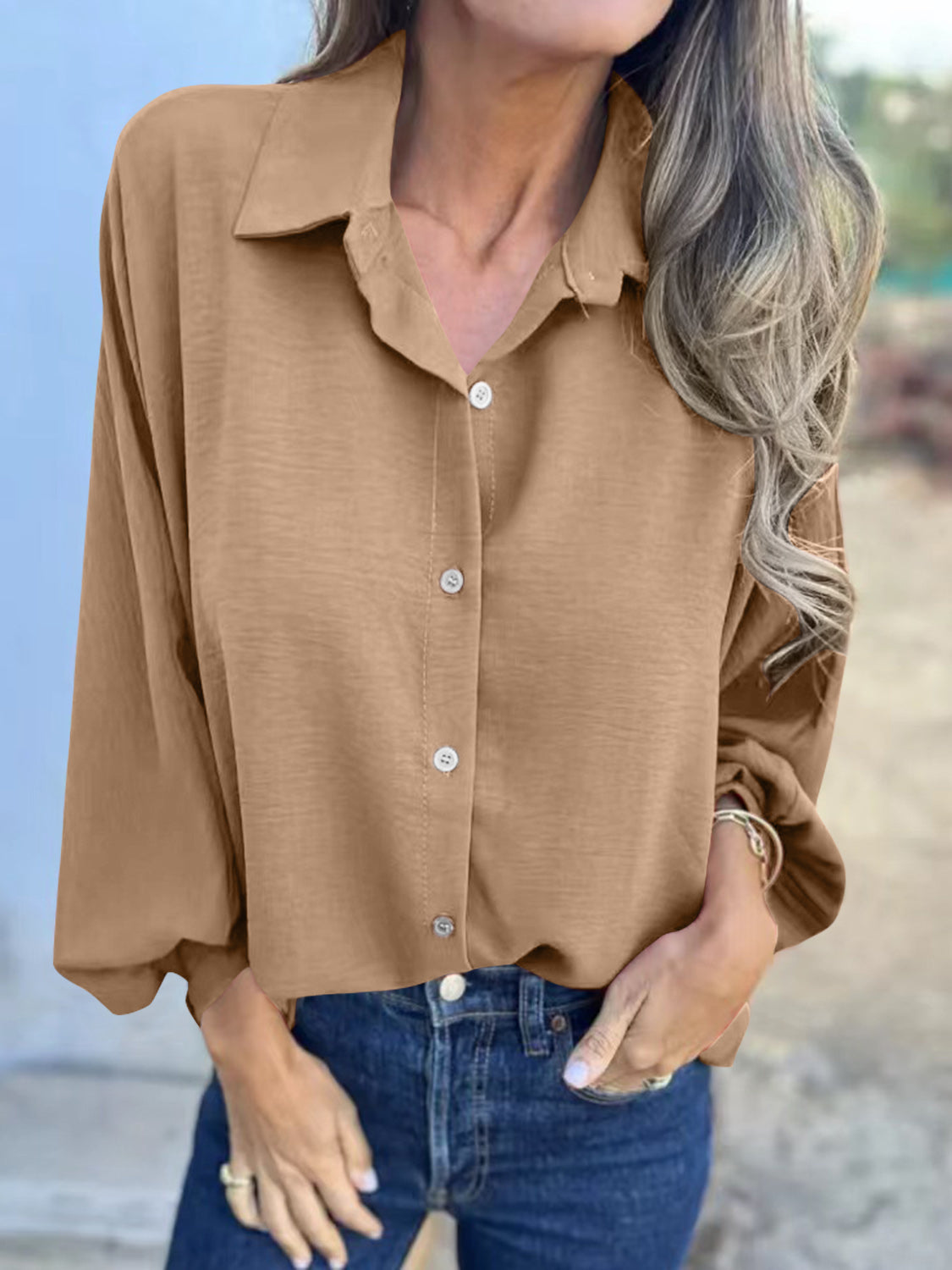 Full Size Collared Neck Long Sleeve Shirt