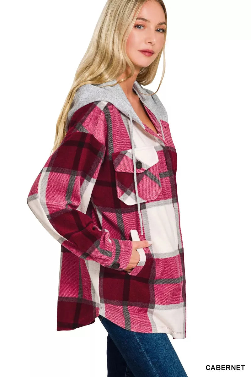 Zenana Plaid Drawstring Hooded Fleece Shacket Trendsi