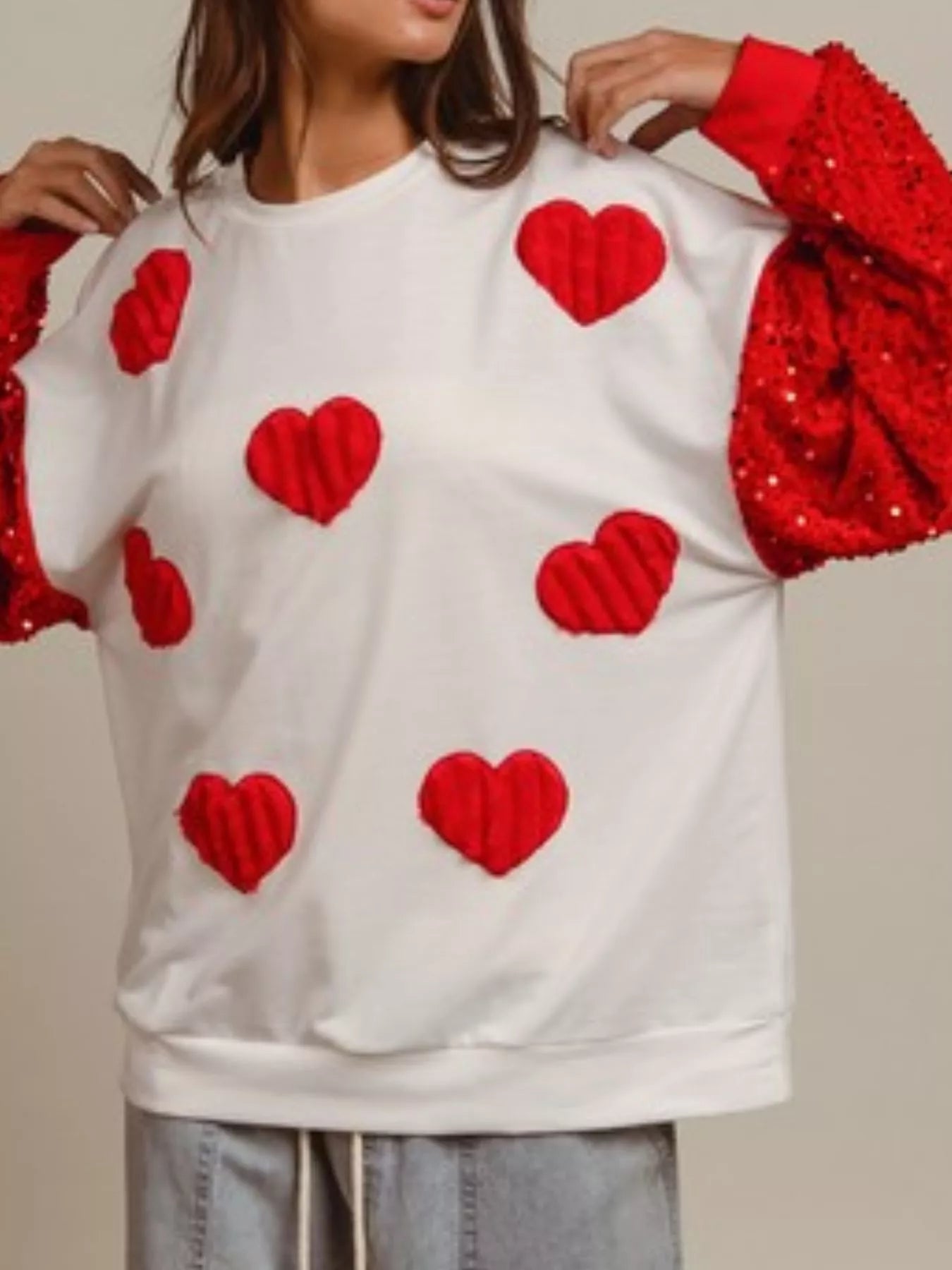 Sequin Round Neck Long Sleeve Sweatshirt White Red OutfitFlow