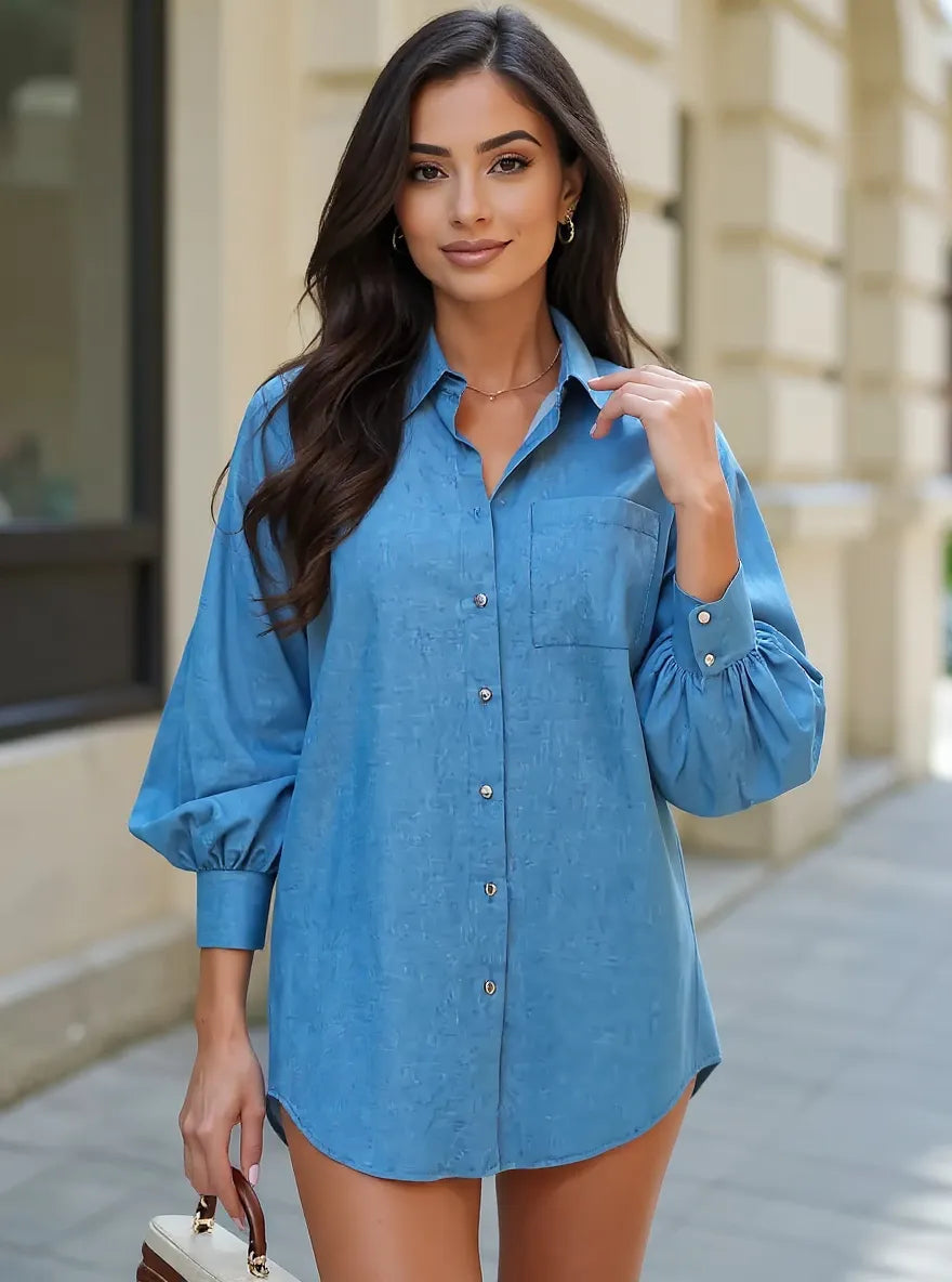 Button Up Lantern Sleeve Oversized Shirt Blue OutfitFlow