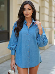 Button Up Lantern Sleeve Oversized Shirt Blue OutfitFlow