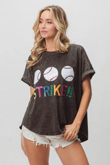 BiBi Sequin Baseballs Strike Washed Short Sleeve Top OutfitFlow
