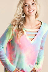 BiBi Tie Dye French Terry V-Neck Top with Strapped OutfitFlow
