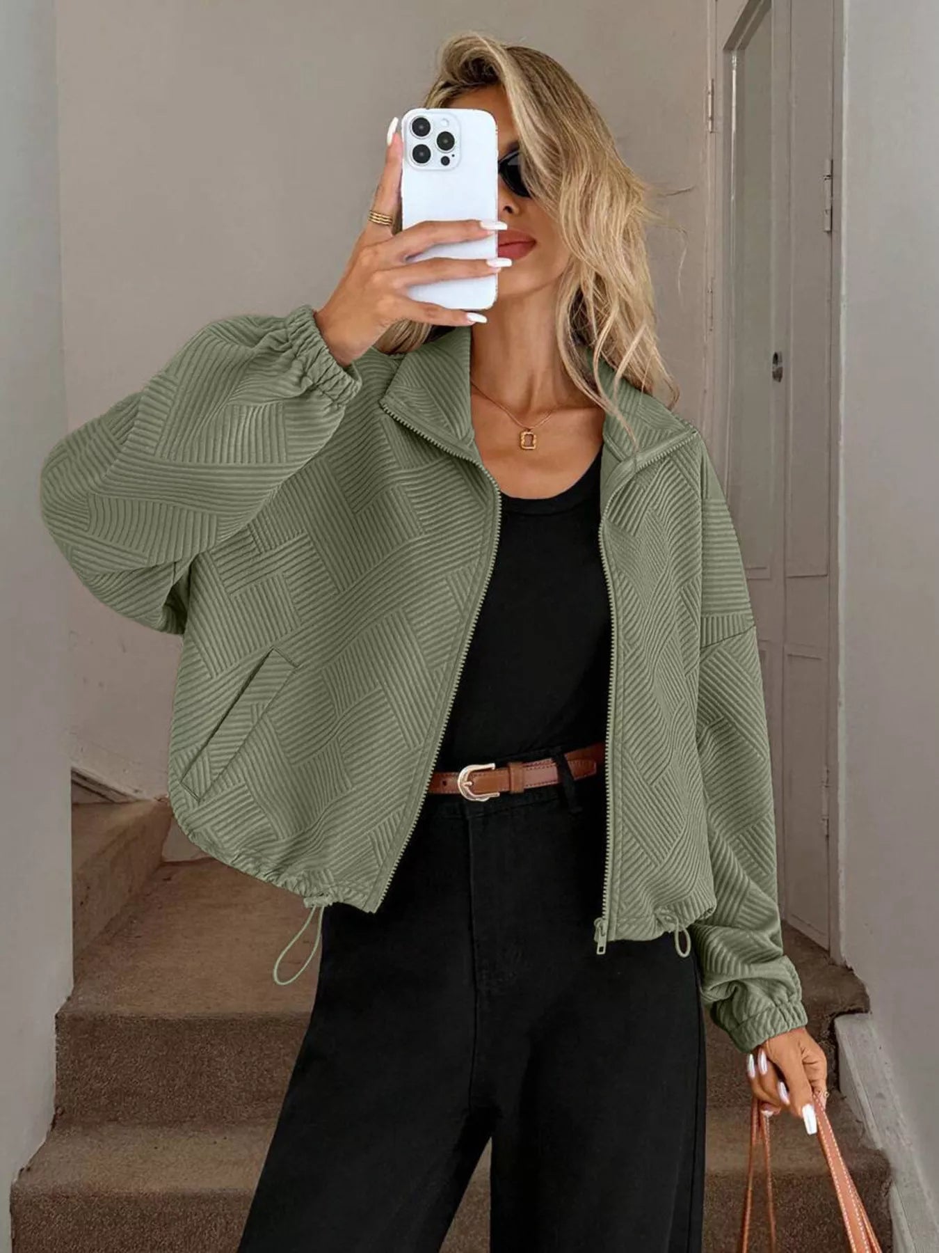 Drawstring Hem Textured Long Sleeve Jacket OutfitFlow
