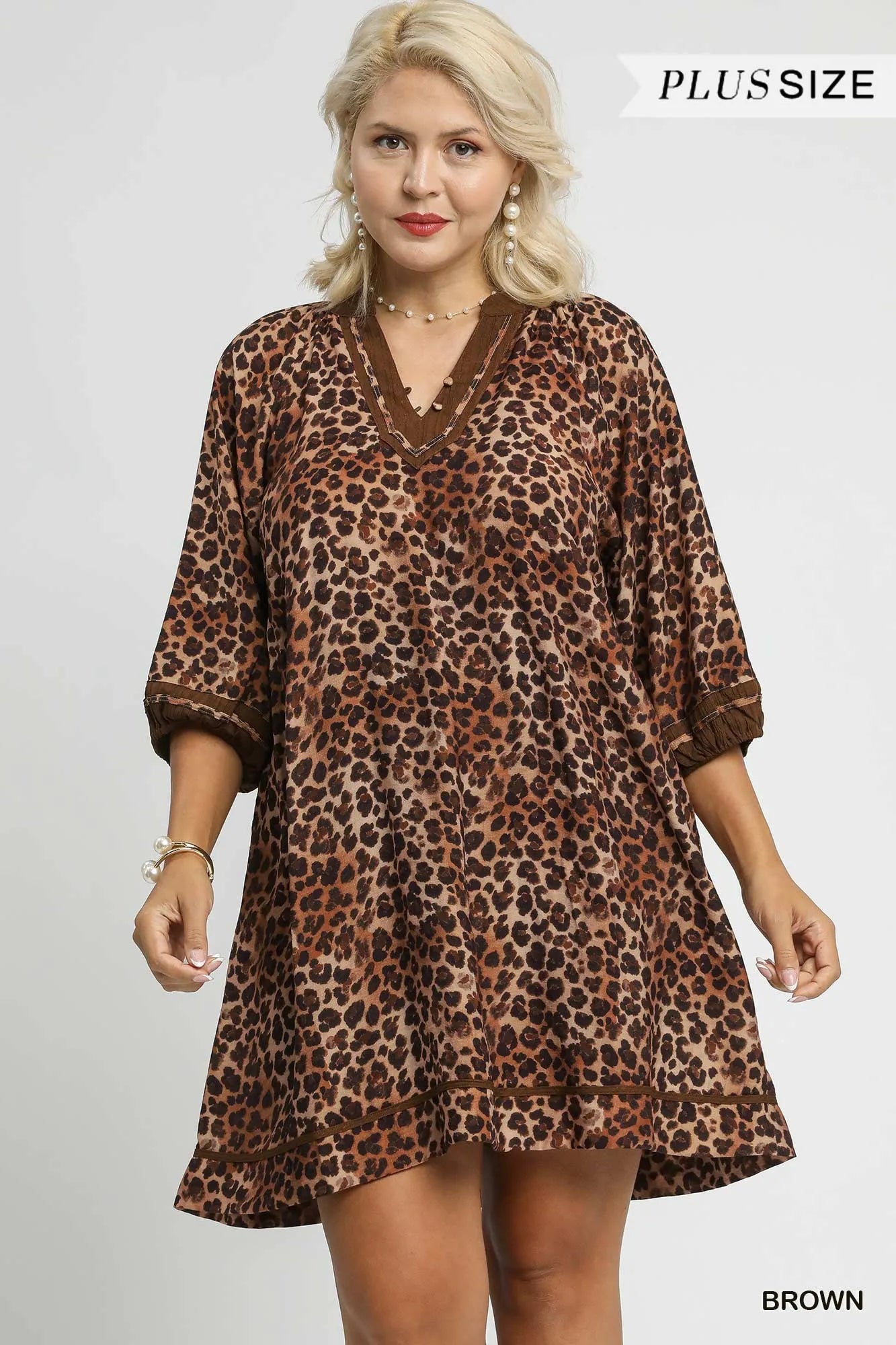 Umgee Full Size Leopard Print Mini Dress with Contrast Trim Plus Size Trendsi