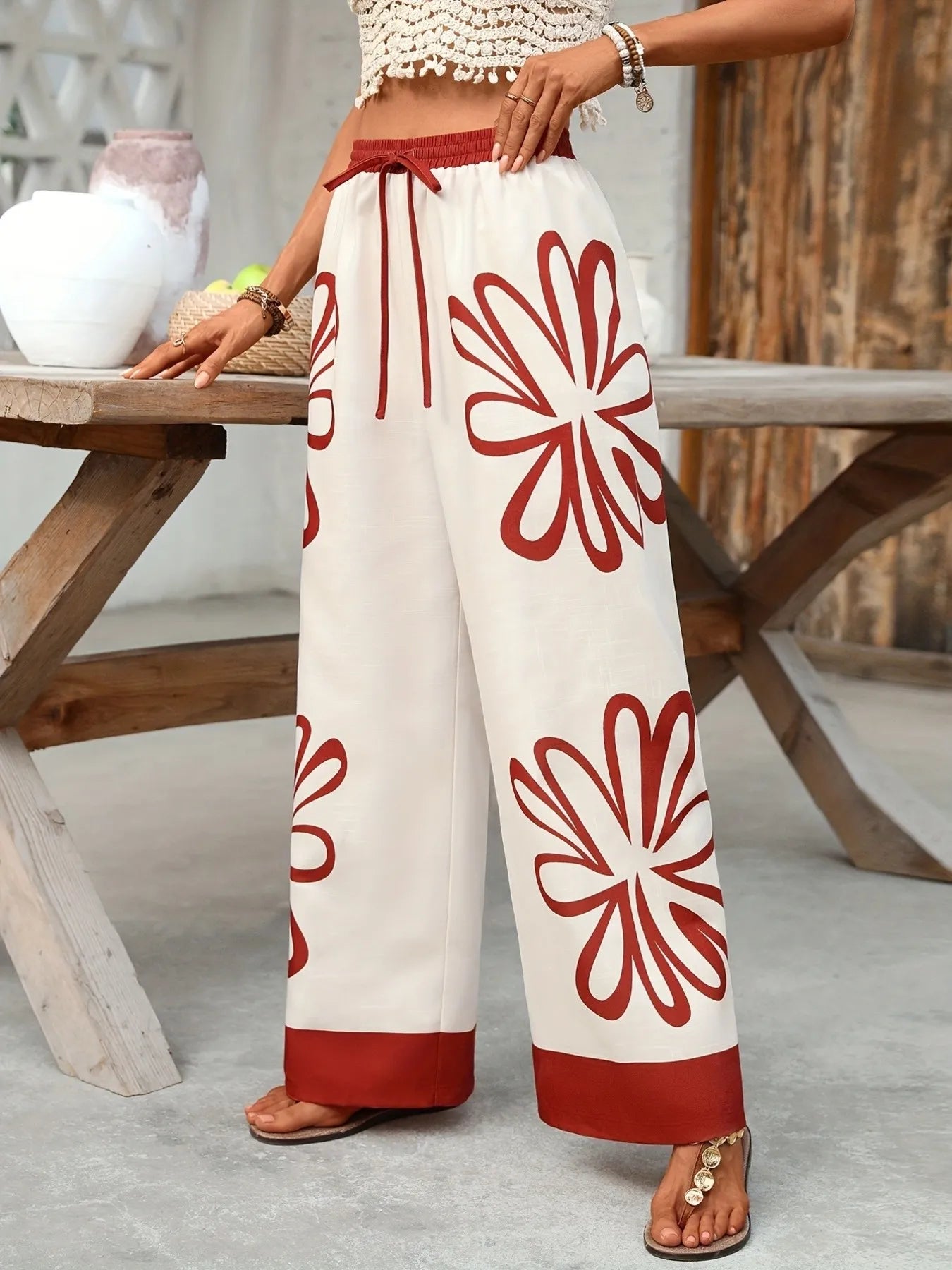 Floral Drawstring Wide Leg Pants OutfitFlow