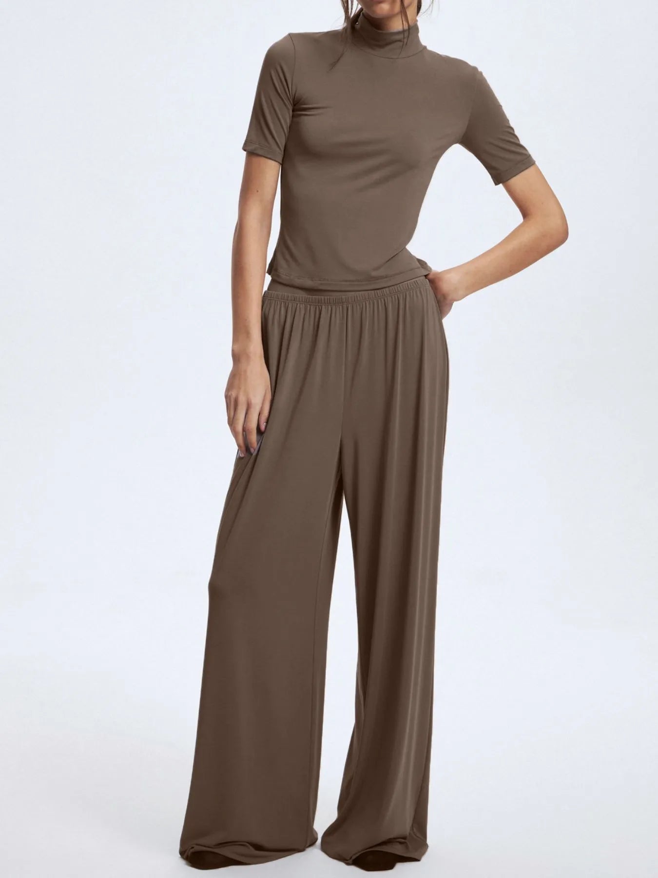 Mock Neck Short Sleeve Top and Pants Set Camel OutfitFlow