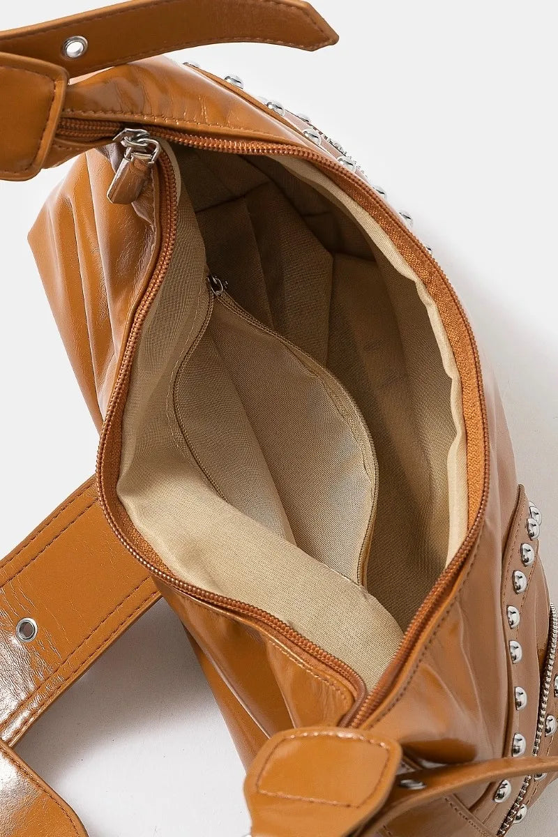 Fame Faux Leather Studded Trim Shoulder Bag OutfitFlow