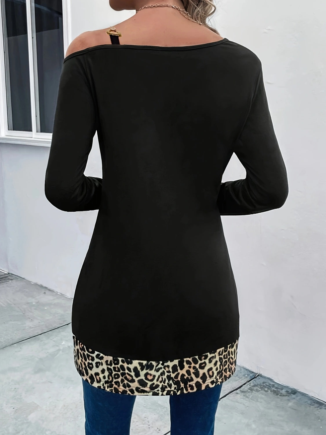 Leopard Asymmetrical Neck Long Sleeve T-Shirt