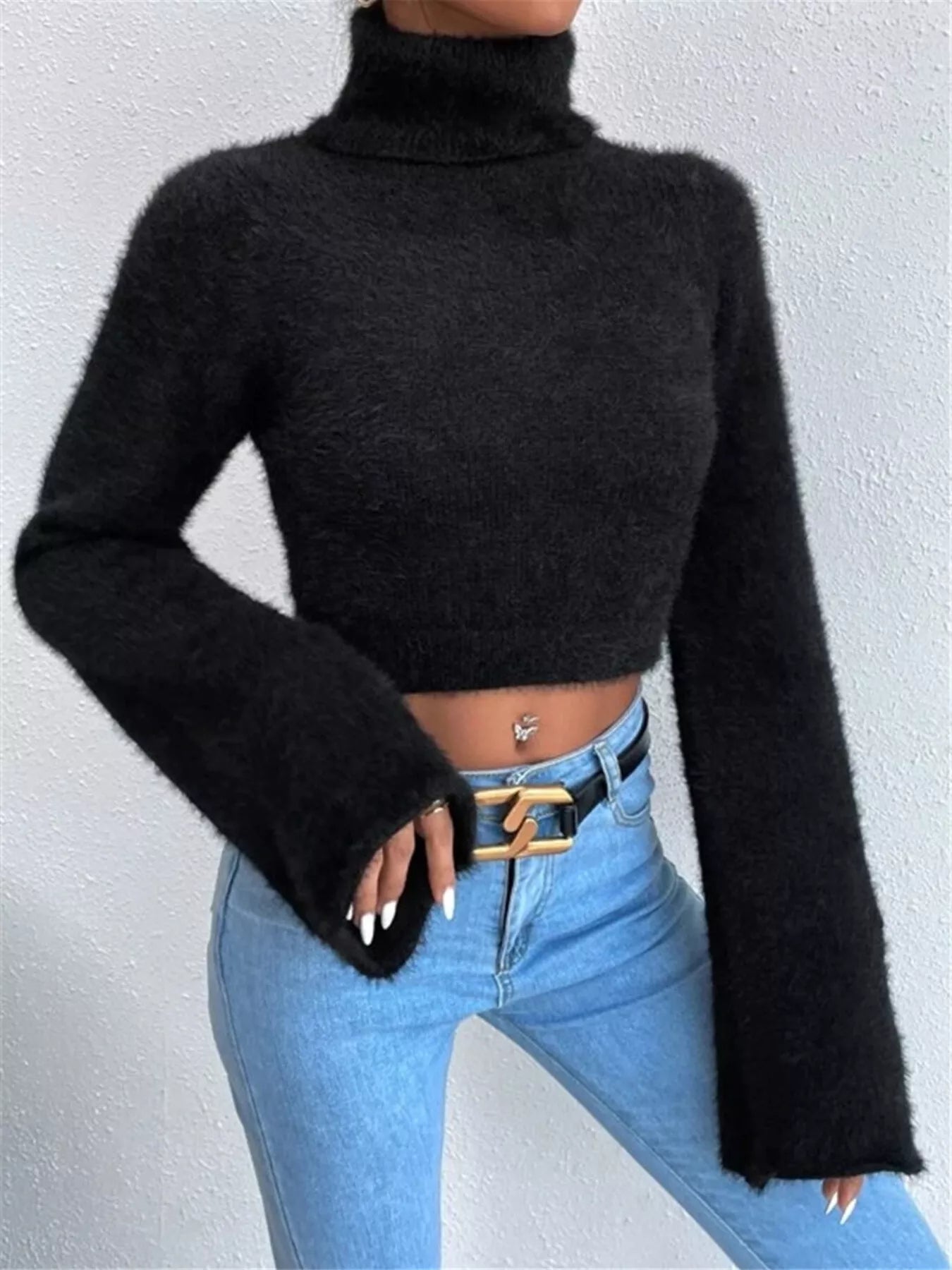 Turtleneck Flare Sleeve Sweater OutfitFlow