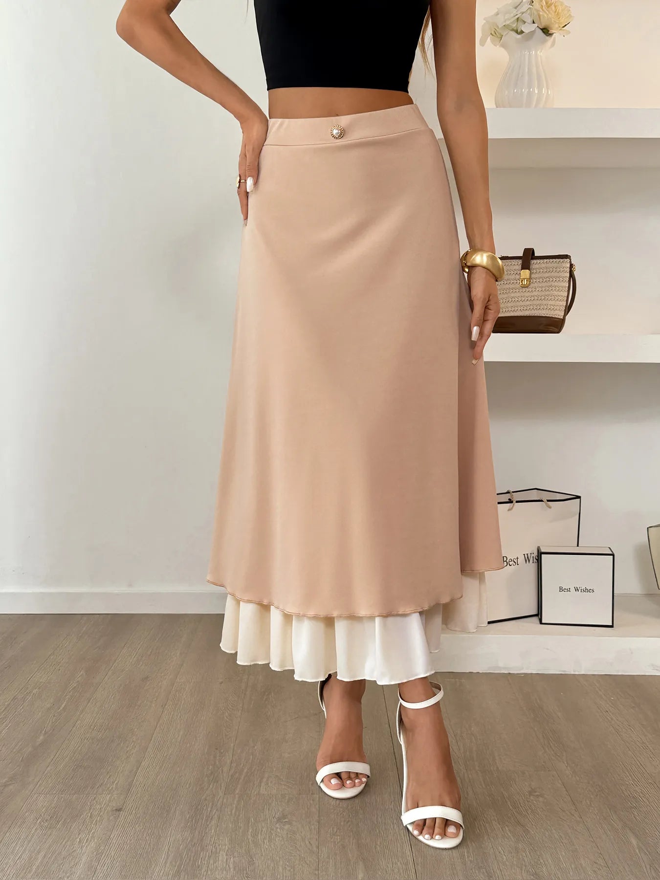 Layered Midi Skirt with Contrast Hem Detail OutfitFlow