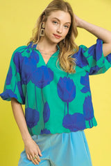 Umgee Floral Print Relaxed Fit Summer Blouse Turquoise OutfitFlow