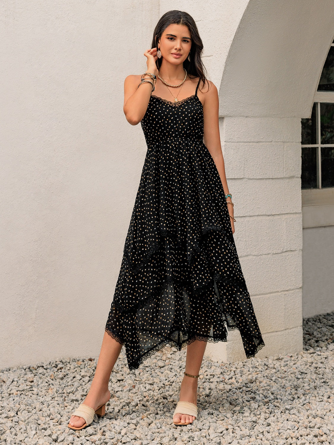 Lace Detail Layered Printed Midi Cami Dress OutfitFlow