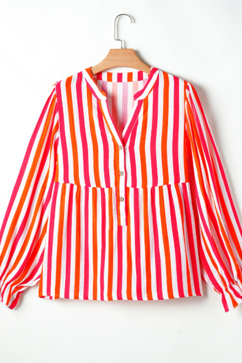 Striped Notched Flounce Sleeve Blouse