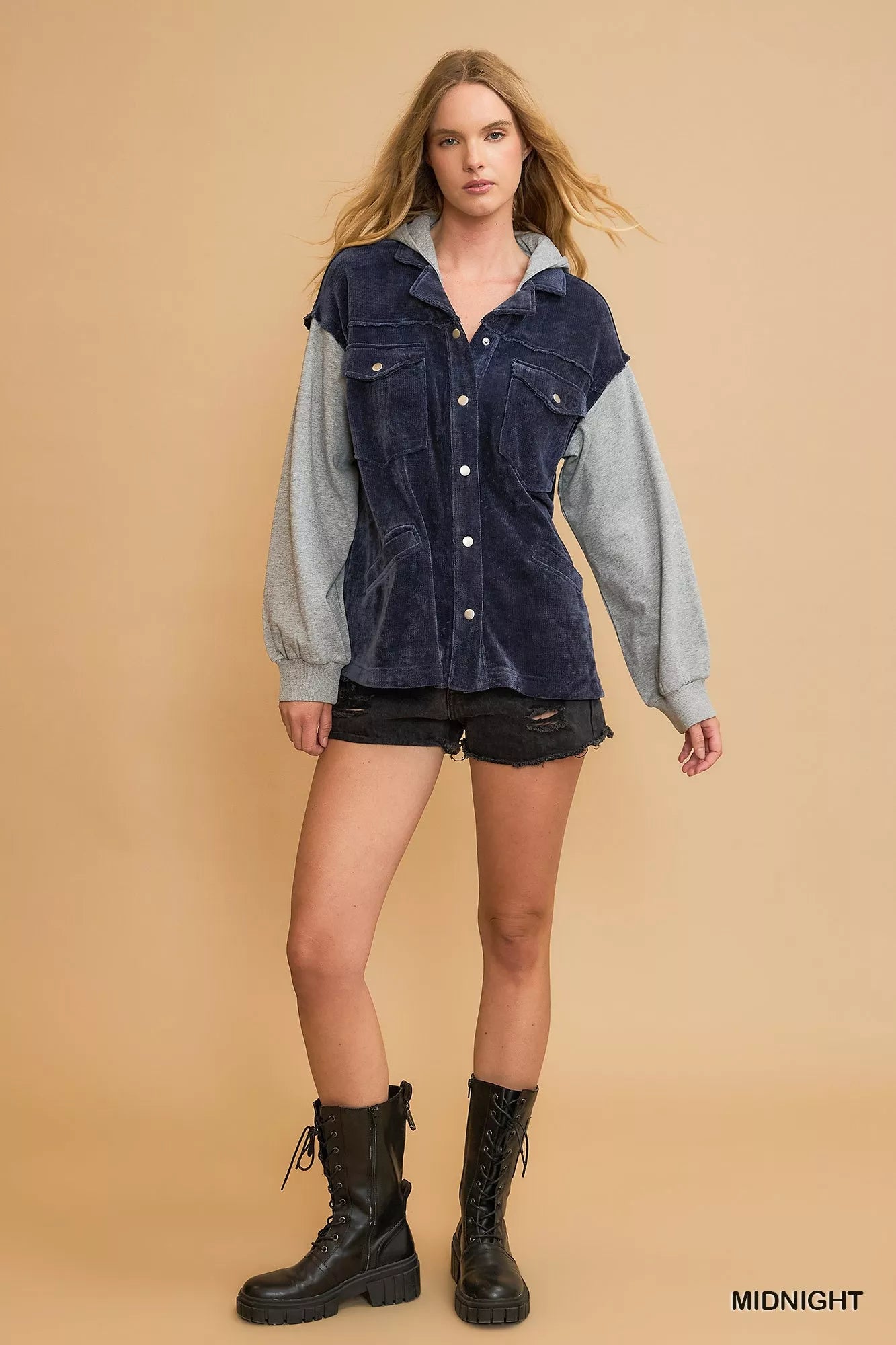 Umgee Contrast Hooded Chenille Jacket OutfitFlow