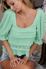 BiBi Square Neckline with Puff Sleeve Crochet Top MINT OutfitFlow