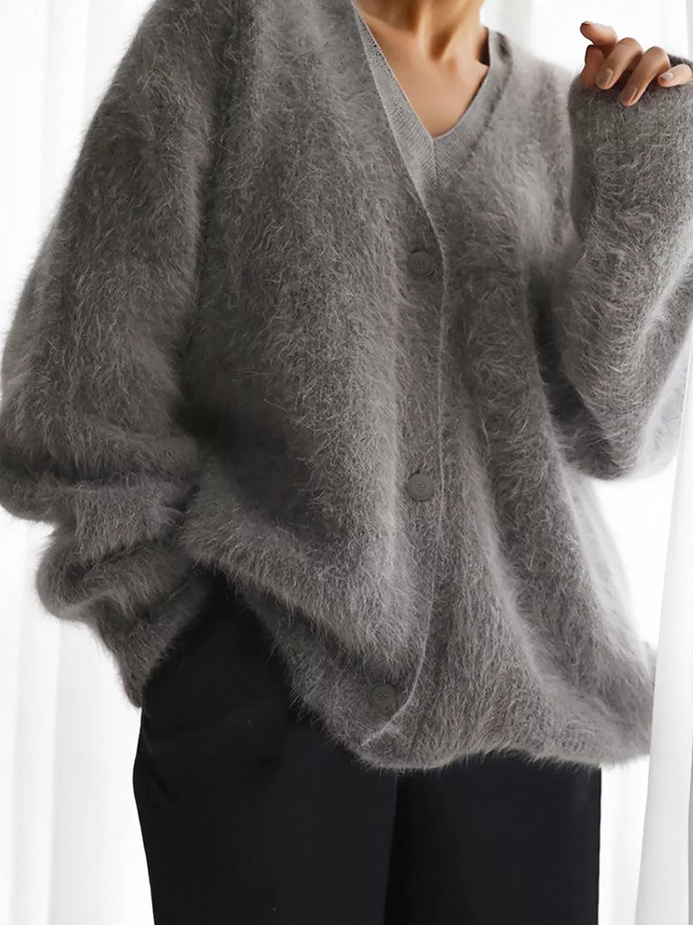 V Neck Button Down Fuzzy Knit Mohair Cardigan Dark Gray OutfitFlow