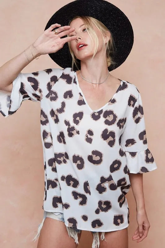 BiBi Leopard Printed V Neck Woven Top with Ruffled OutfitFlow