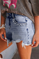 Pearl Studded Pockets Raw Hem Denim Shorts OutfitFlow